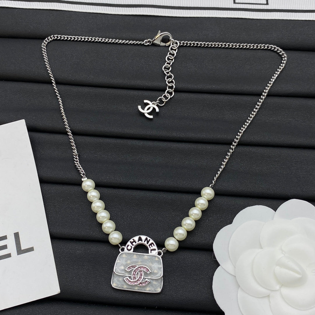 Mini Handbag CC Crystal Charm Pearl & Curb Chain Necklace – Gold & Silver