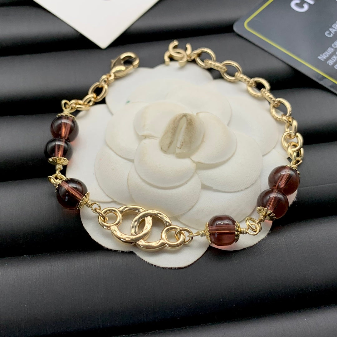 Smoky Brown Glass Bead & Gold Chain Necklace and Bracelet Set