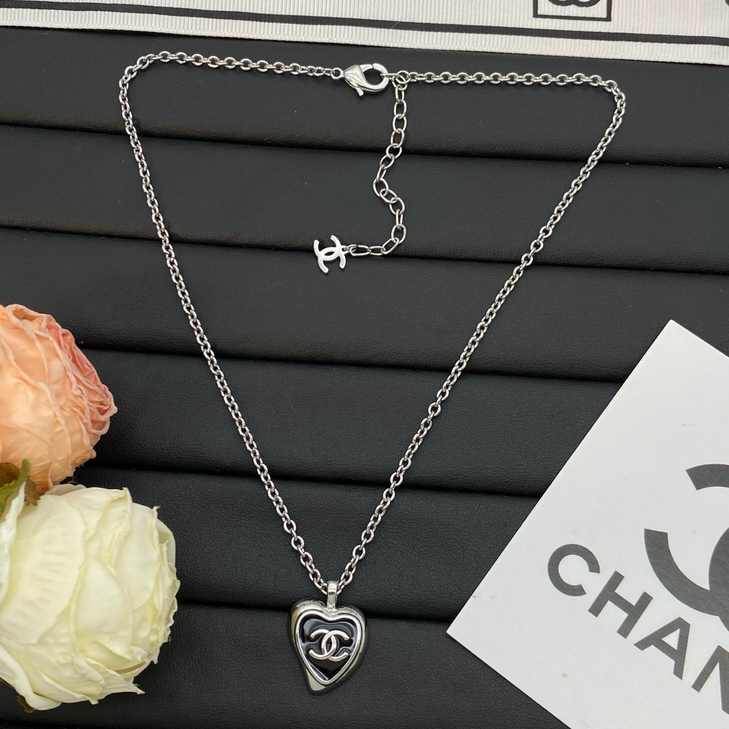 Black Enamel Heart Pendant Necklace & Earring Set