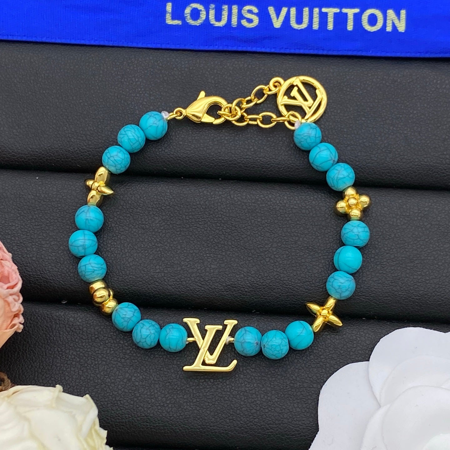 Turquoise Stone Bead & Gold Star Flower Charm Necklace & Bracelet Set