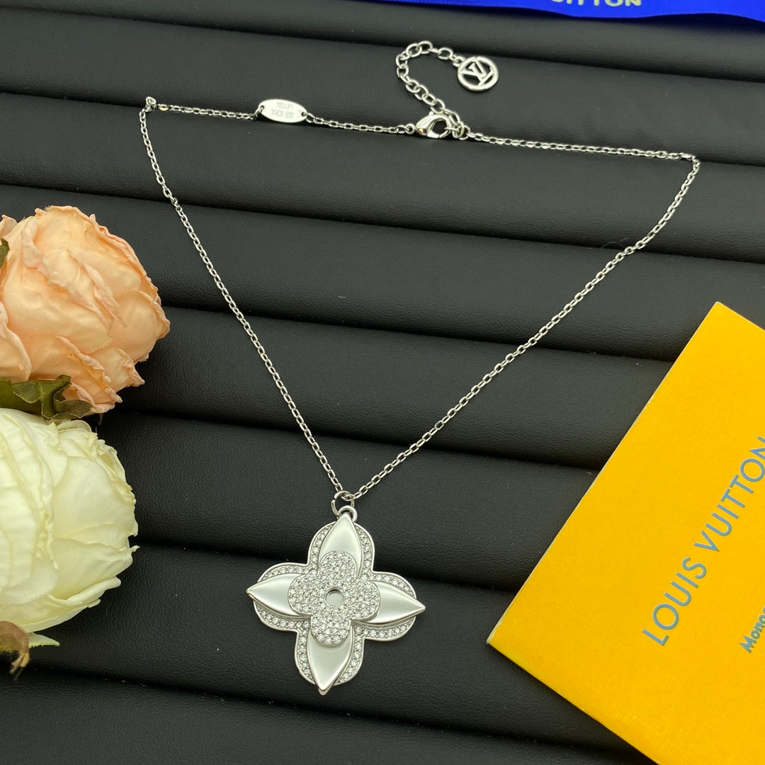 Oversized Pavé Four-Petal Flower Statement Pendant Necklace