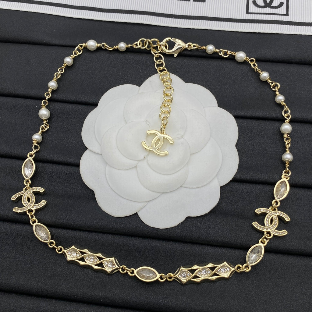Pearl & Crystal Diamond-Link CC Charm Station Necklace – Gold & Silver