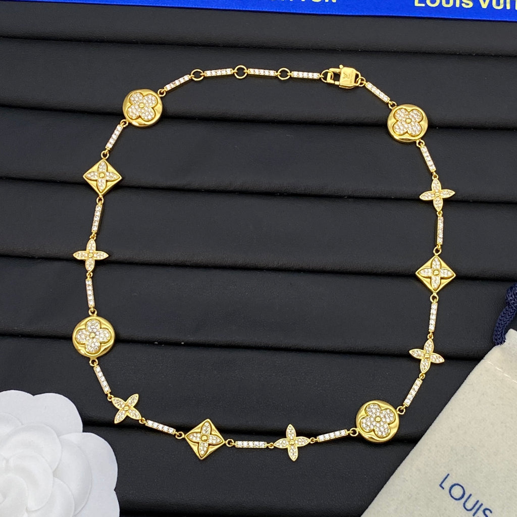 Full Pavé Multi-Shape Flower & Coin Charm Long Station Necklace