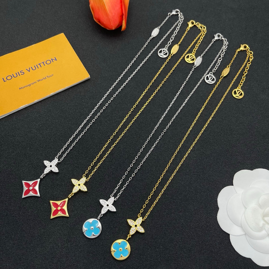Pavé Star & Enamel Floral Double Drop Necklace