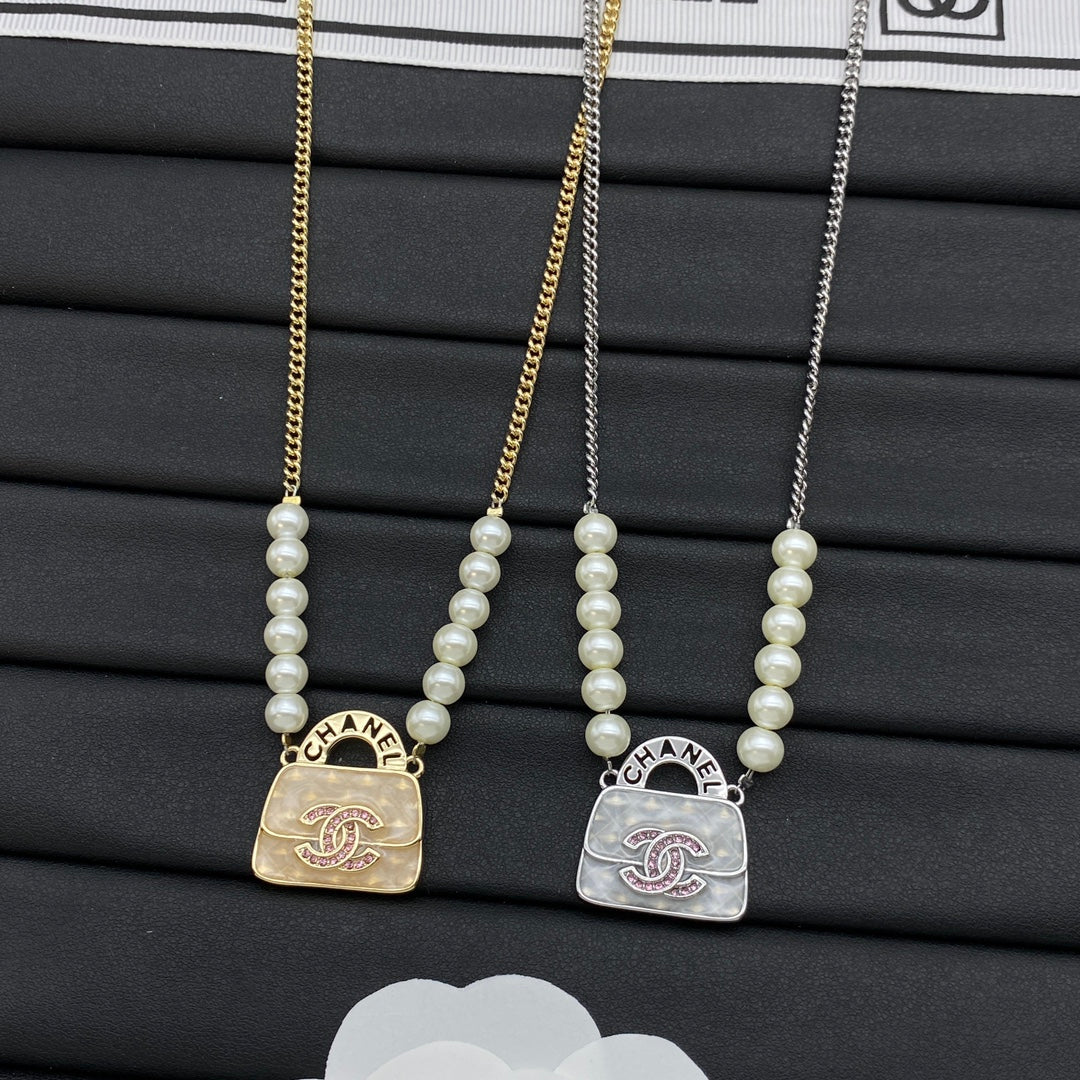 Mini Handbag CC Crystal Charm Pearl & Curb Chain Necklace – Gold & Silver