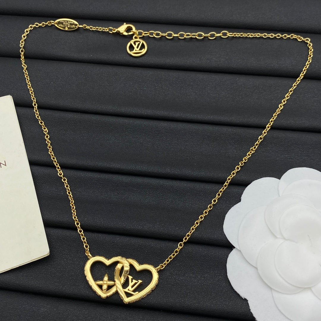Interlocking Double Open Heart Pendant Cable Chain Necklace