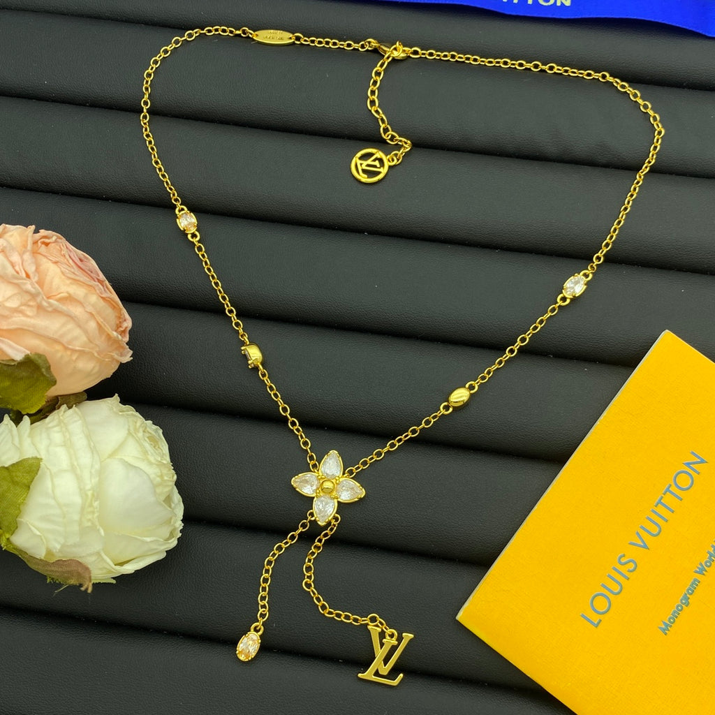 Marquise Crystal Four-Petal Flower Lariat Y-Drop Necklace