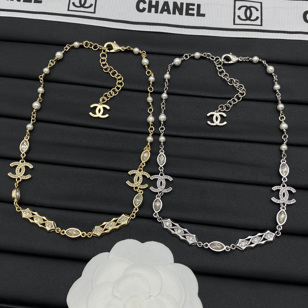 Pearl & Crystal Diamond-Link CC Charm Station Necklace – Gold & Silver