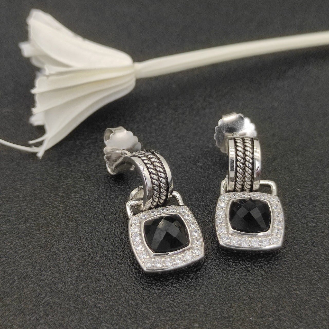 Pavé Halo Cushion Gemstone Drop Earrings