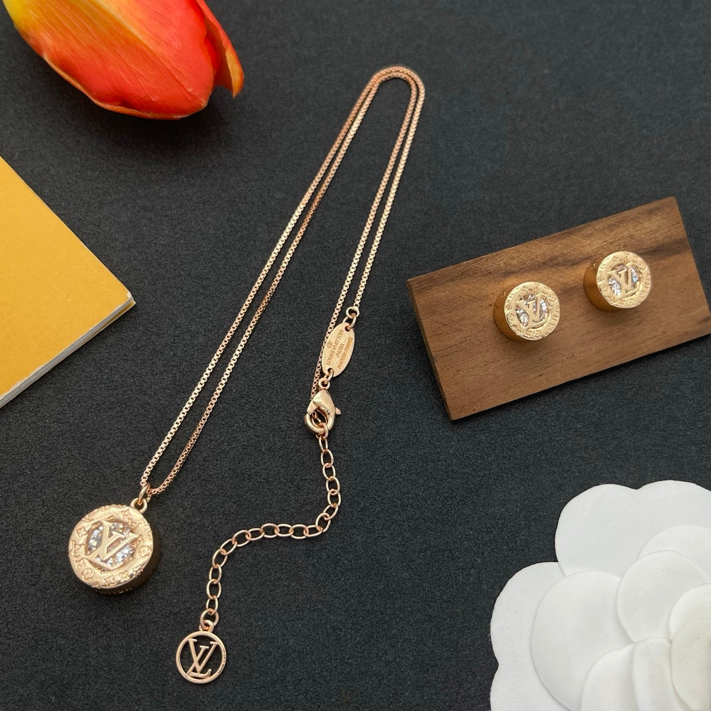Vintage Embossed Monogram Medallion Necklace & Earring Set