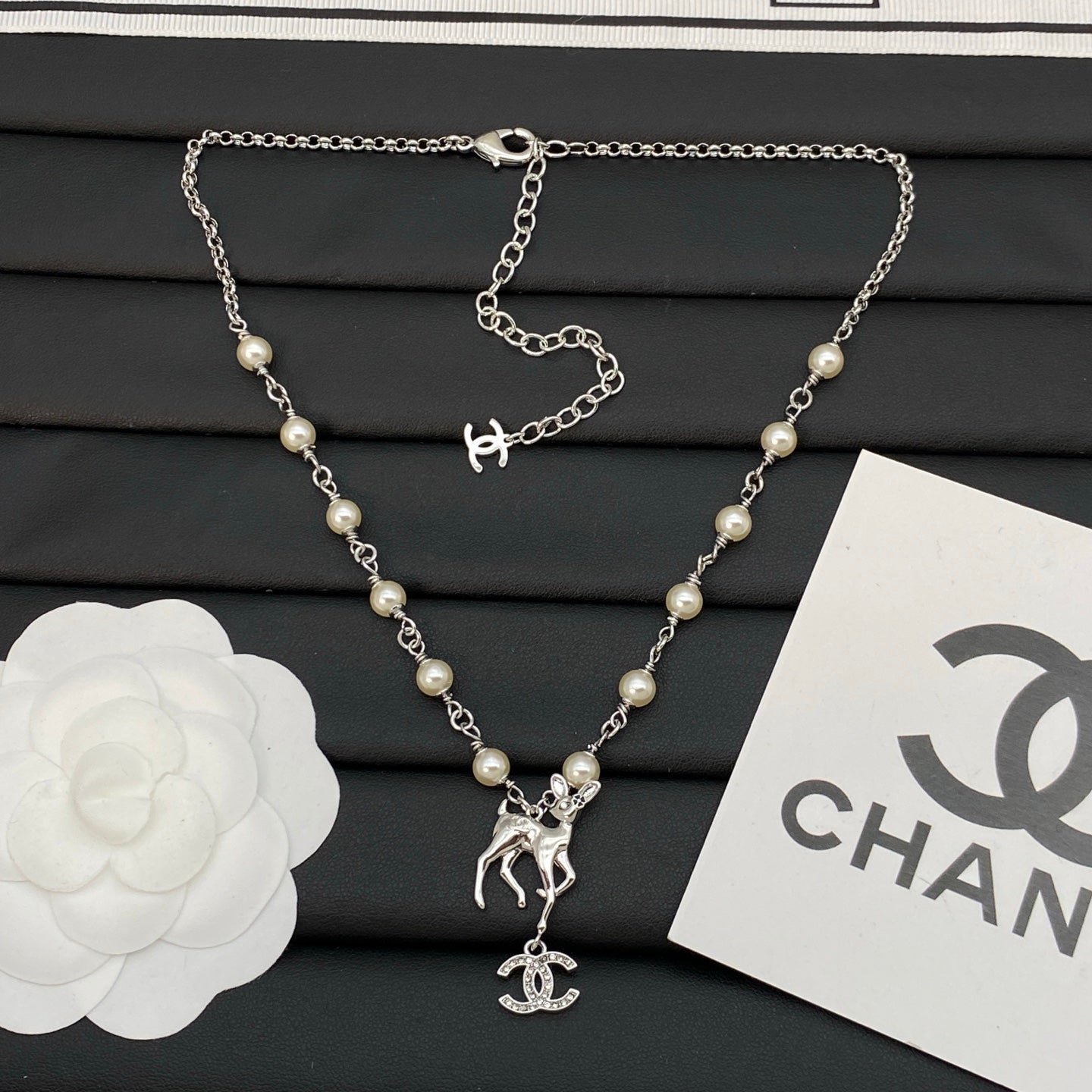 Pearl Beaded Long Necklace with Fawn & Crystal Interlocking Charm
