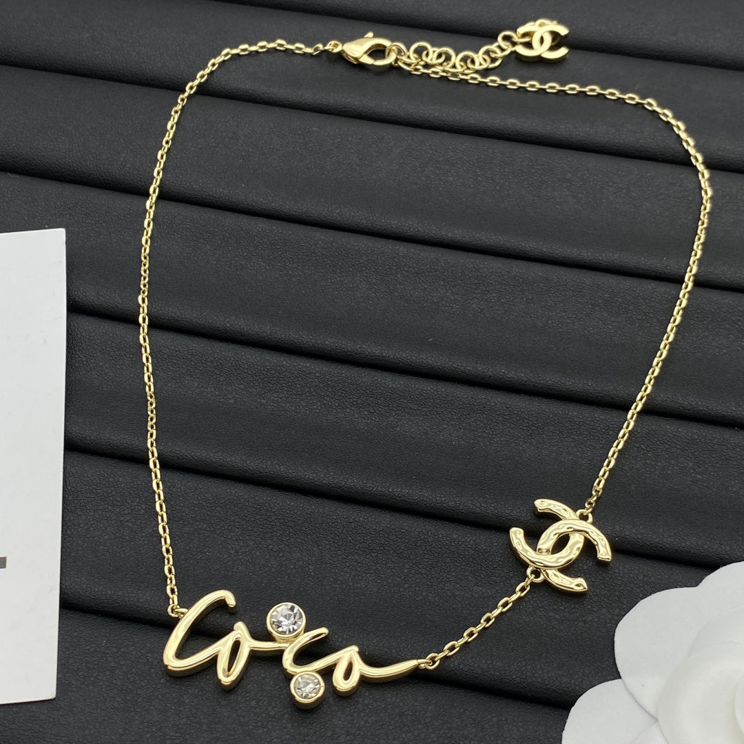 COCO Script Letter & CC Logo Double Charm Pendant Necklace – Gold & Silver