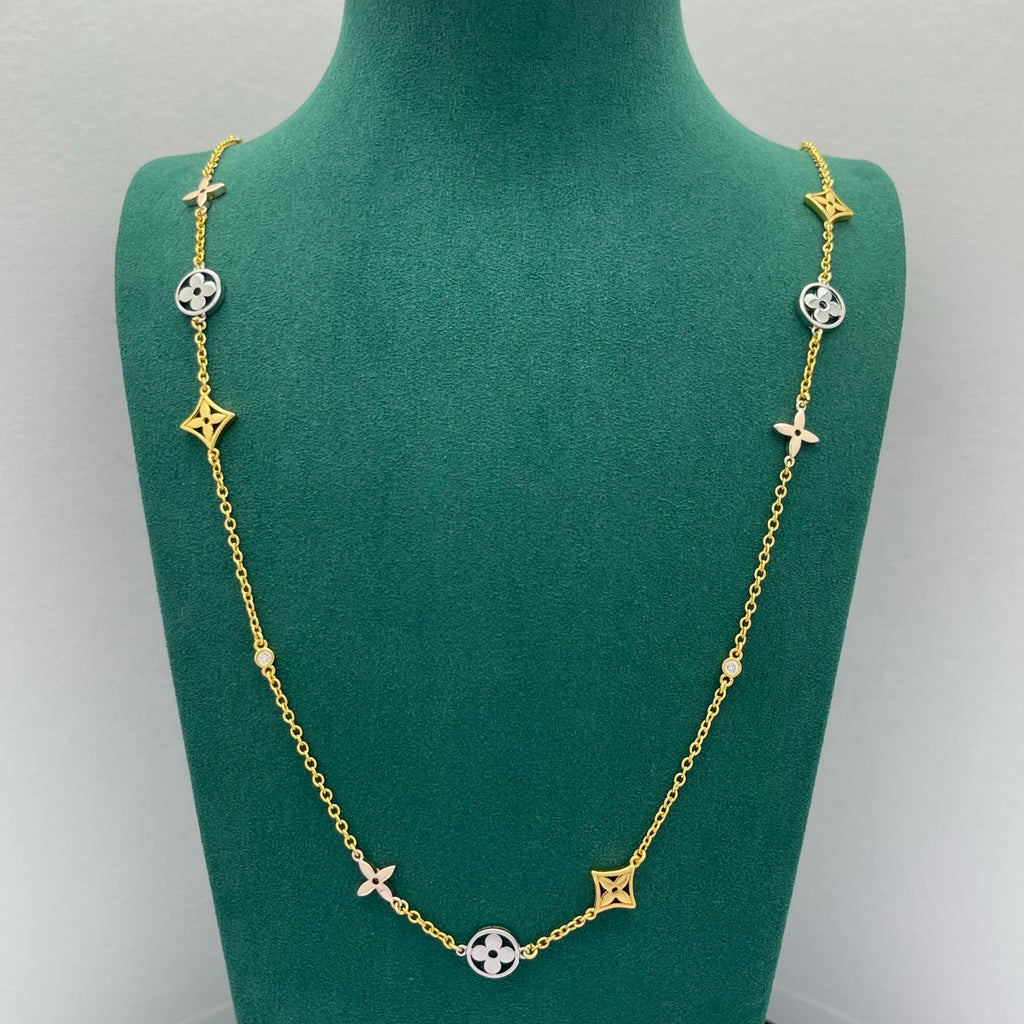 Two-Tone Floral & Star Charm Long Station Necklace