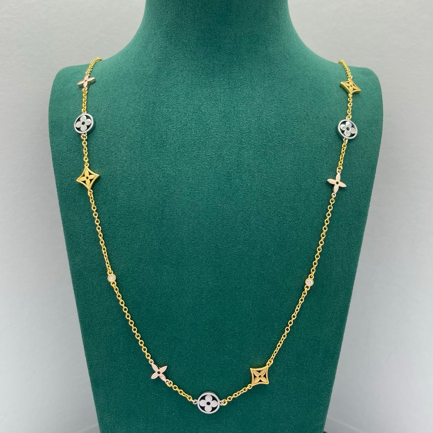 Two-Tone Floral & Star Charm Long Station Necklace