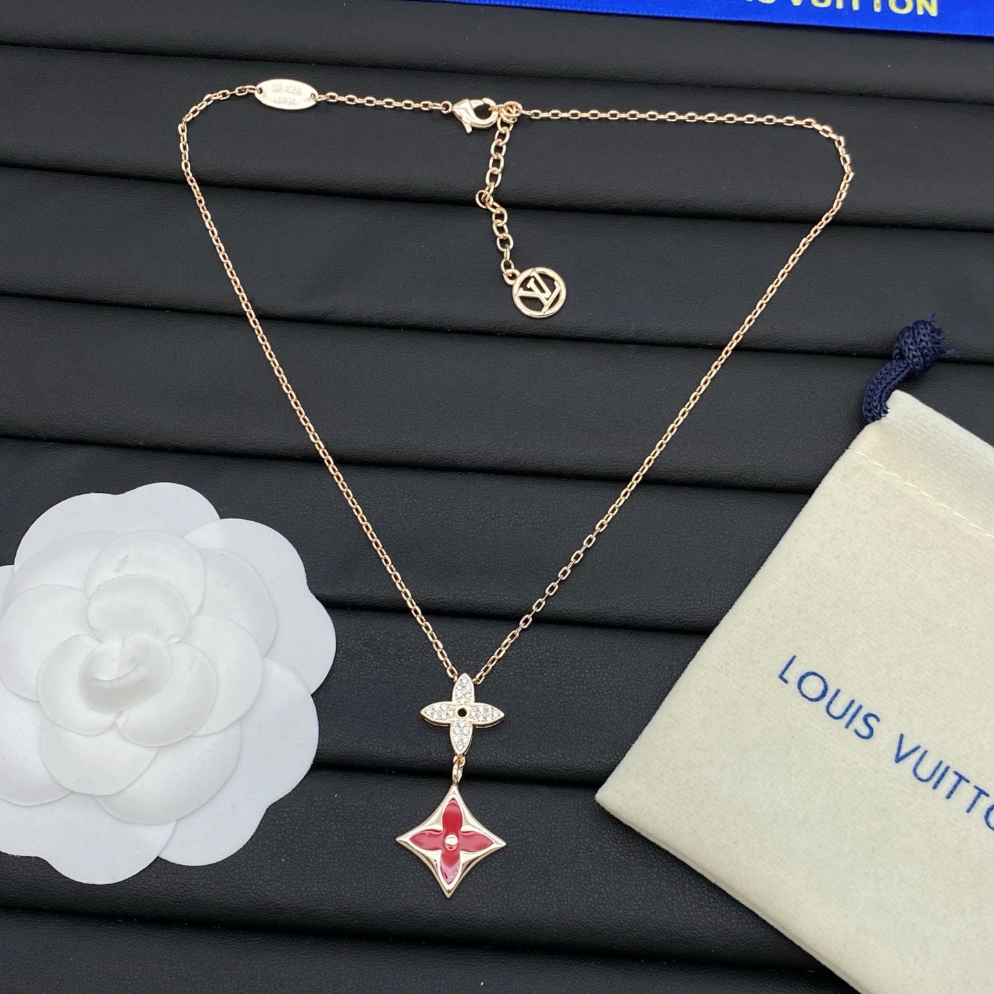 Crystal Four-Petal & Enamel Coin Double Pendant Necklace