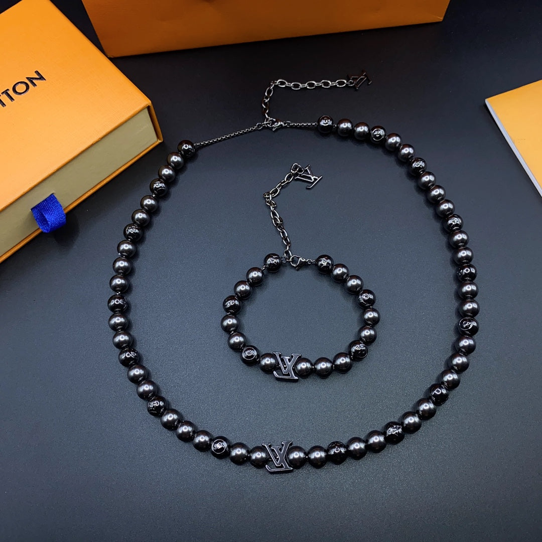 Black Onyx Bead Monogram Necklace & Bracelet Set