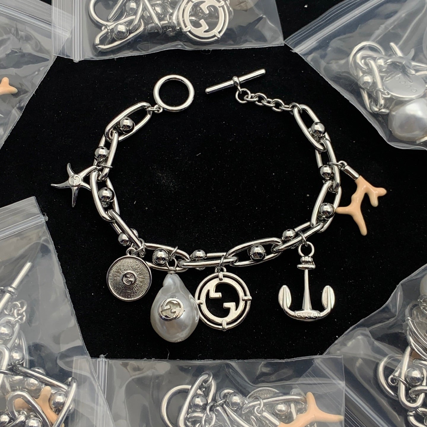 Nautical Charm Bracelet Set with Pearl & Coral