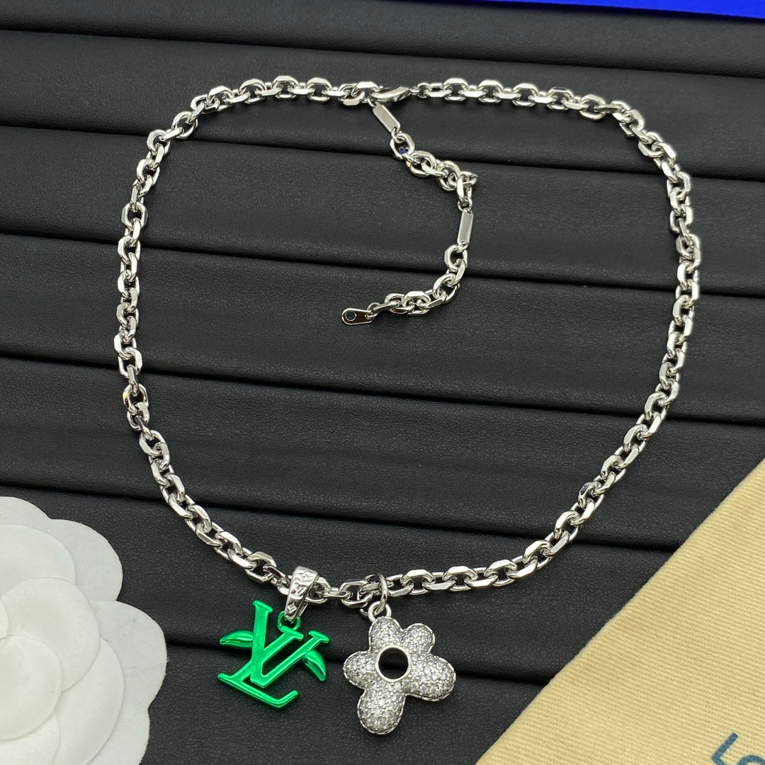 Pavé Four-Petal Flower Open Center Pendant O-Link Chain Necklace