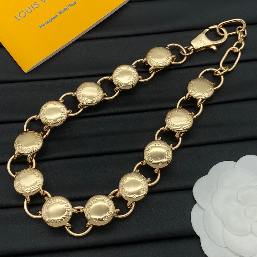 Engraved Coin Disc & Round Link Chain Necklace & Bracelet Set