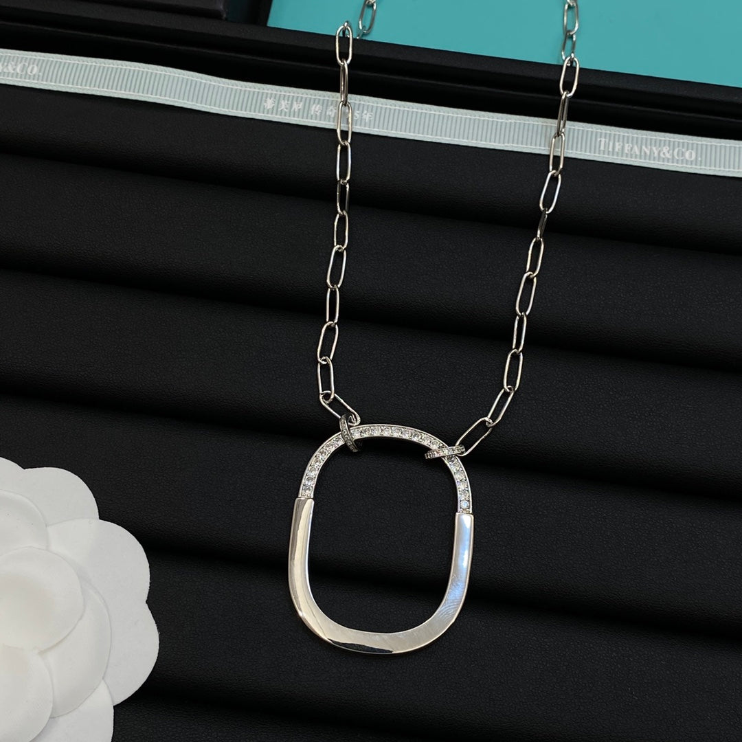 Half Pavé Half Polished Rounded Square Open Pendant Paperclip Chain Necklace – Gold, Rose Gold & Silver