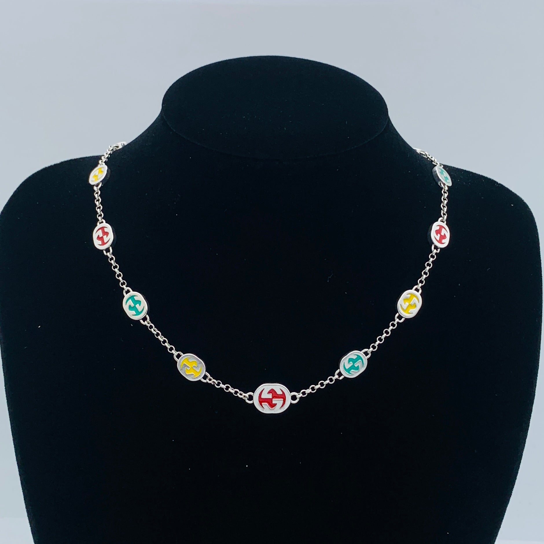 Silver Multicolor Enamel Logo Charm Chain Jewelry Set