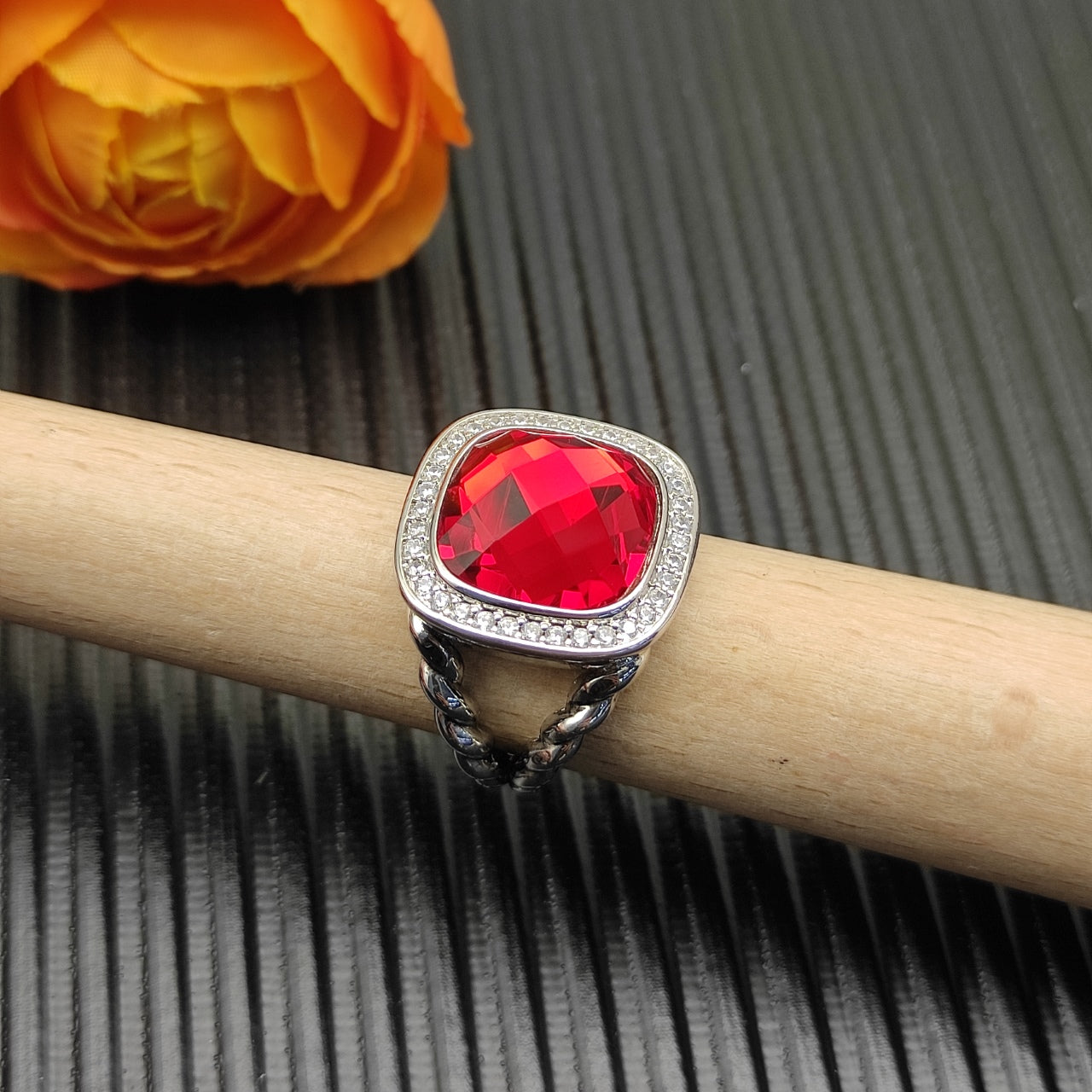 Colorful Crystal Square Pendant Necklace & Ring Set