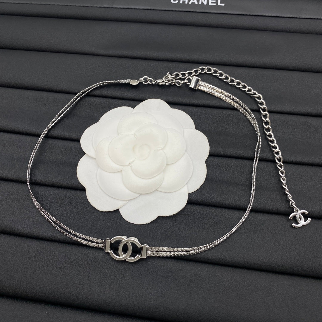 CC Ring Clasp Double-Strand Flat Chain Choker Necklace – Gold & Silver