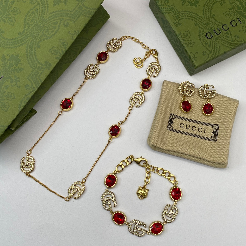 Crimson Crystal Pavé Logo Station Necklace & Bracelet Set with Drop Earrings