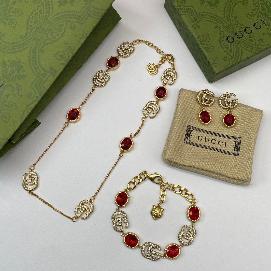 Crimson Crystal Pavé Logo Station Necklace & Bracelet Set with Drop Earrings
