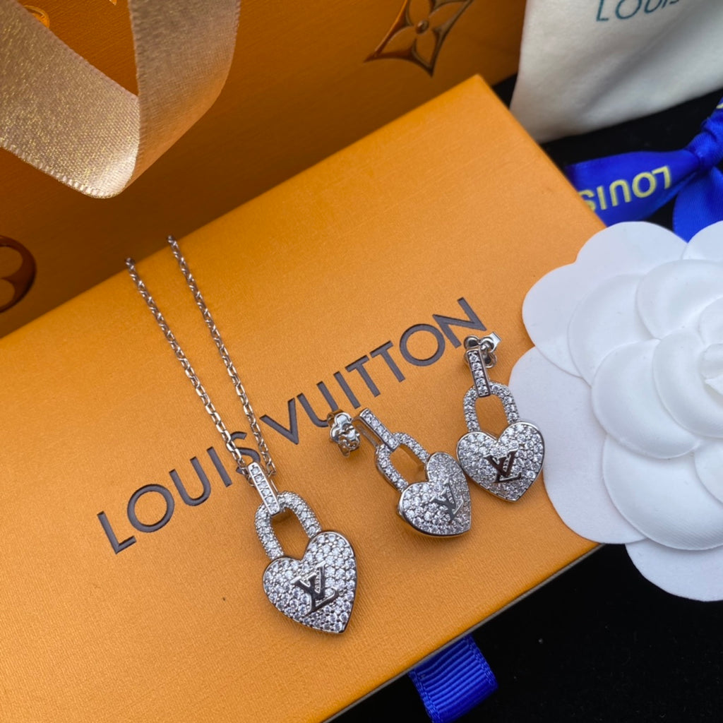 Iced Out Heart Lock Charm Necklace & Dangle Earrings