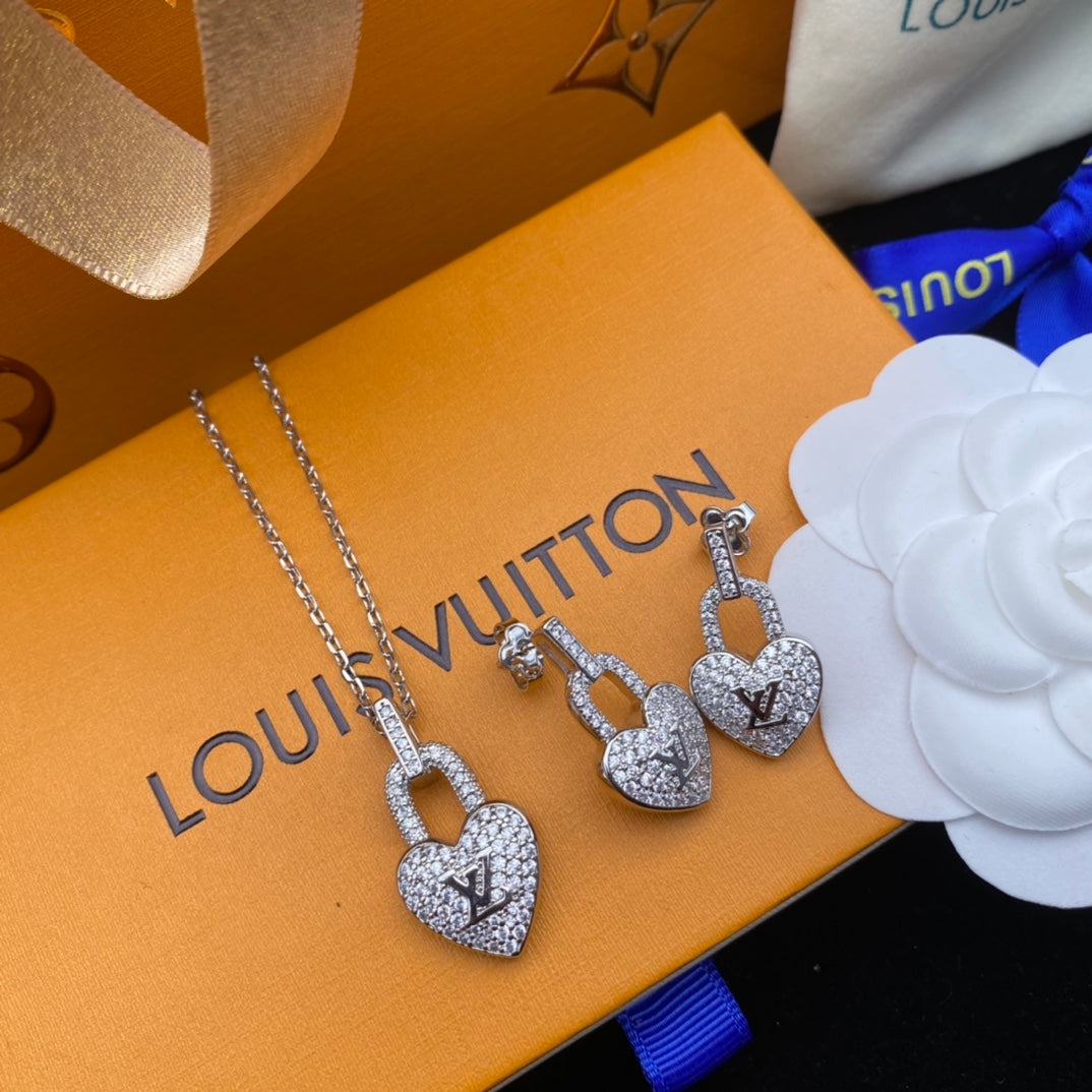Iced Out Heart Lock Charm Necklace & Dangle Earrings