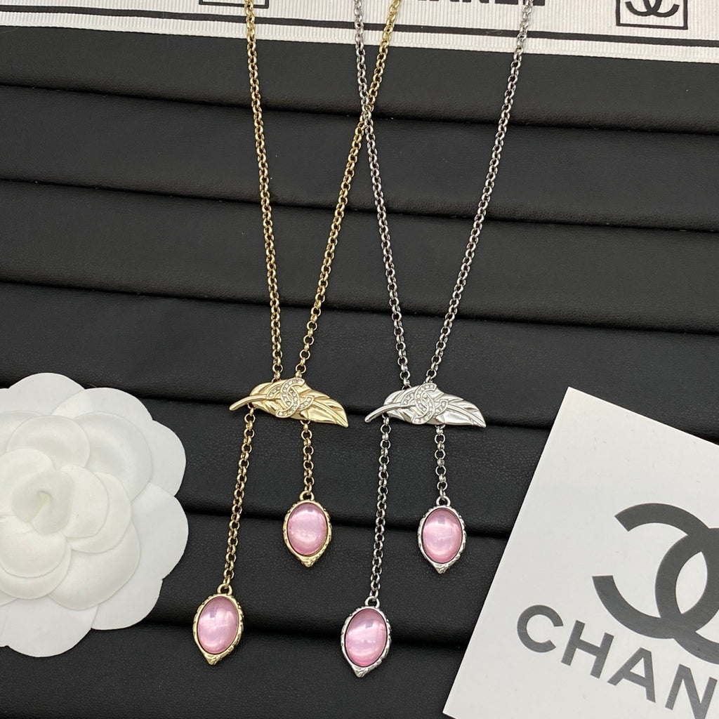 Leaf Logo Pendant Necklace | Pink Oval Stone Drop Tassel | Gold & Silver Tone