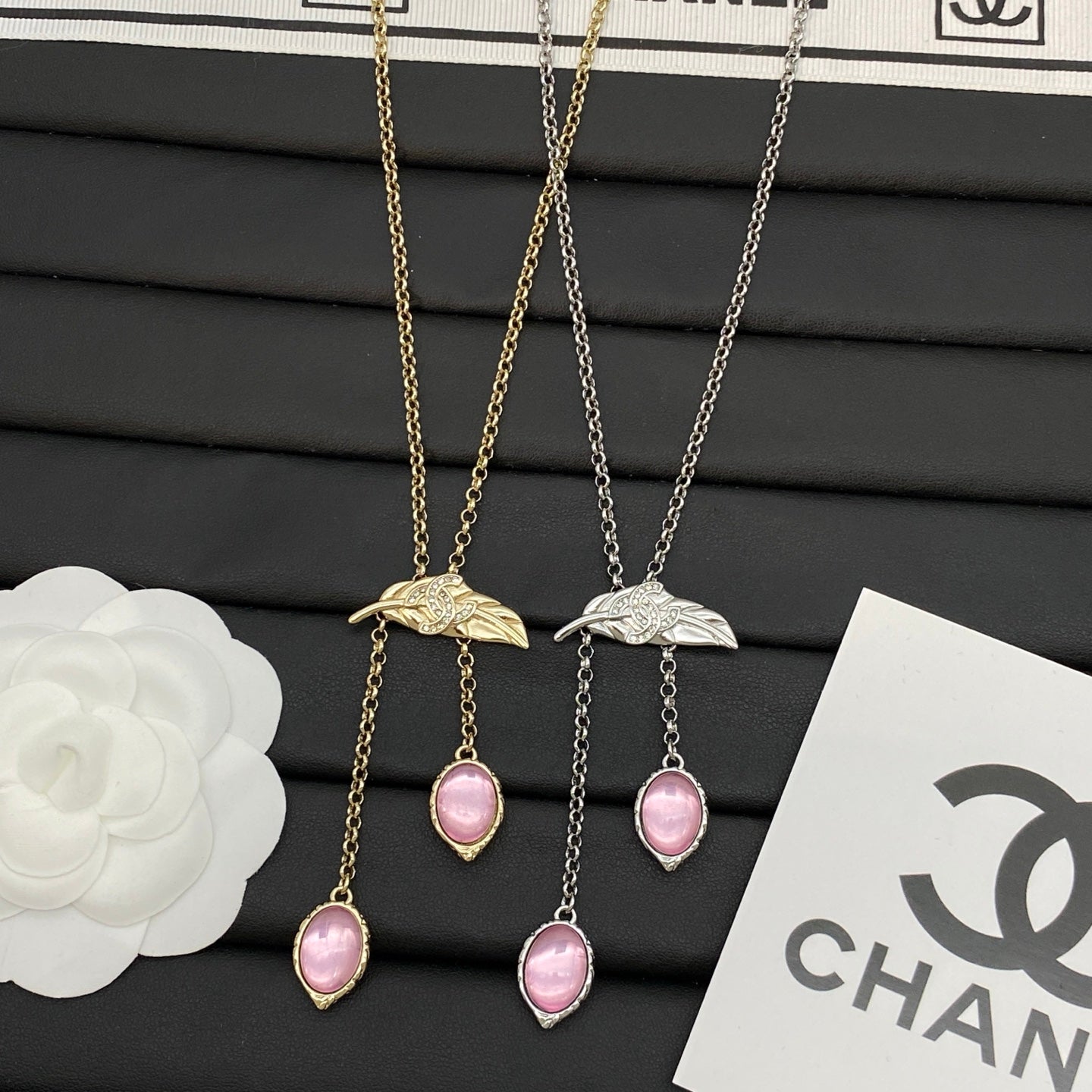 Leaf Logo Pendant Necklace | Pink Oval Stone Drop Tassel | Gold & Silver Tone