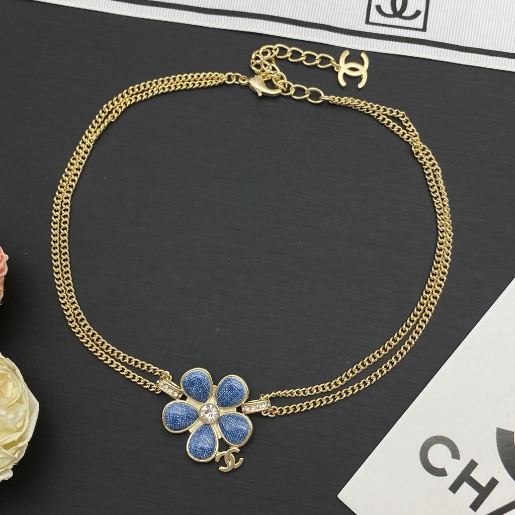 Denim Blue Flower Pendant Necklace & Bracelet Set