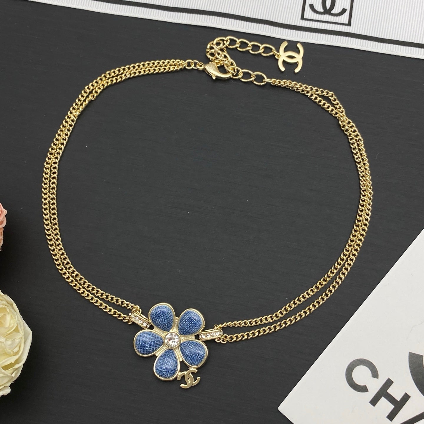 Denim Blue Flower Pendant Necklace & Bracelet Set
